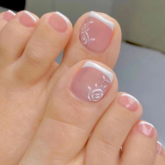 Rose Sculpture French Tips White Press On Toenails