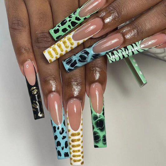Familiar Jungle Long Square Multicolor Bold Press On Nails