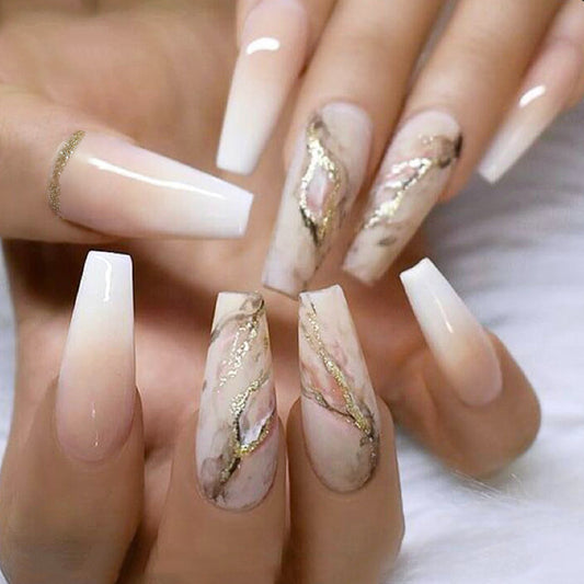 Royal Friend Long Coffin Gold Marble Press On Nails