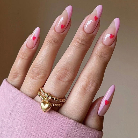 Sweetheart Long Almond Pink French Tips Press On Nails