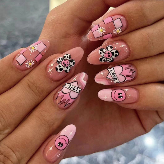The Crazy Cowgirl Long Almond Pink Animal Pattern Press On Nails