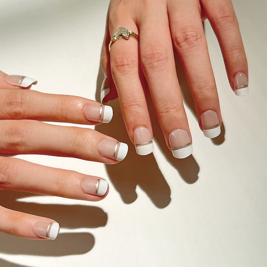 Elegant Affair Extra Short Squoval French Tip Press On Nail Set in Classic White with Dual-Line Detail