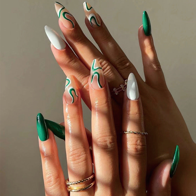 Enchanted Forest Long Almond White and Green Press On Nail Set with Abstract Swirl Designs