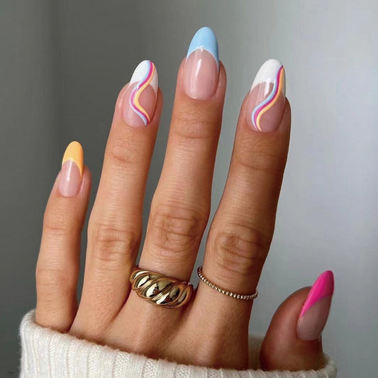 Summer Sorbet Long Almond Pastel Swirl Press On Nail Set with Multicolor Accents