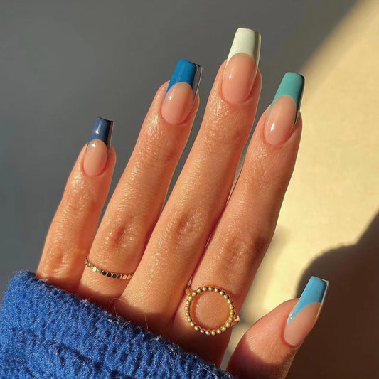 Summer Babes Long Almond Blue French Tips Press On Nails