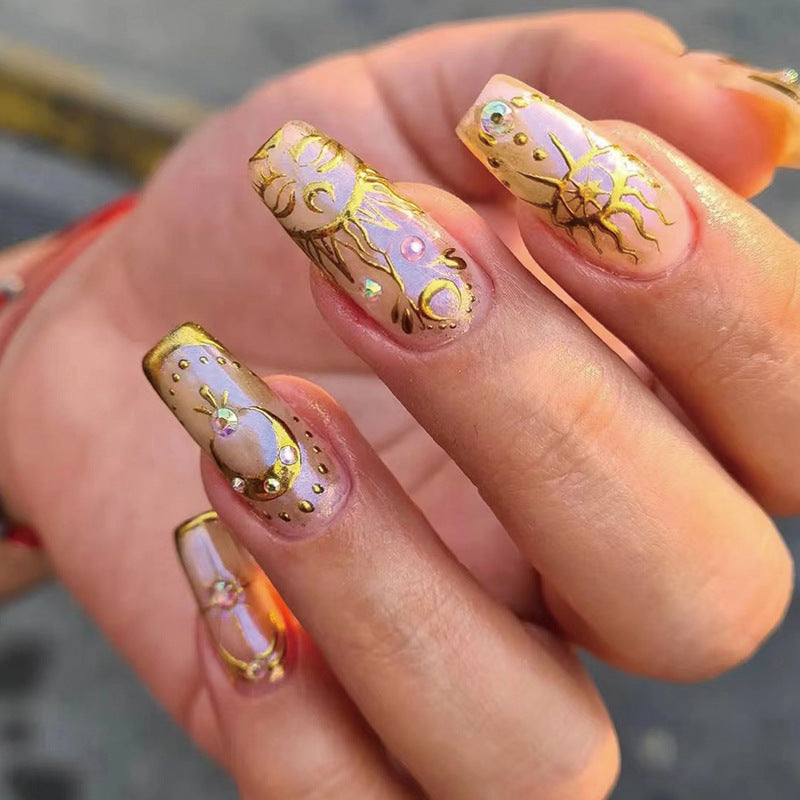 Baroque Splendor Long Square Lavender Press On Nail Set with Gold Accents and Rhinestone Embellishments