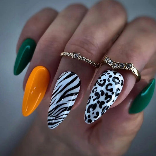 Safari Adventure Long Almond Multicolor Press On Nails with Animal Print Accents - Jungle Glam Nail Art Set