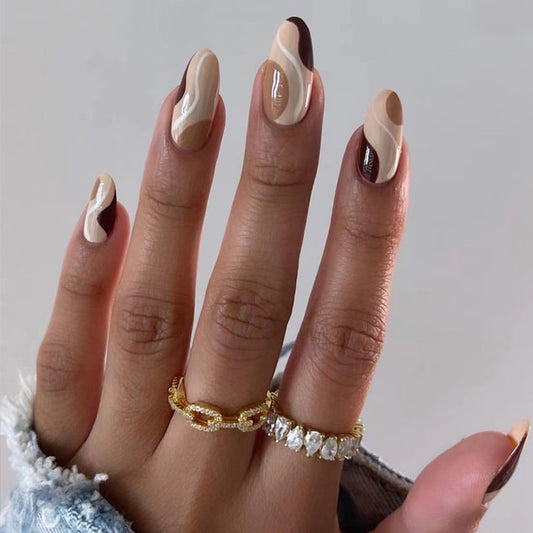 Autumn Elegance Long Oval Neutral Tones Press On Nail Set with Swirl Design Accents