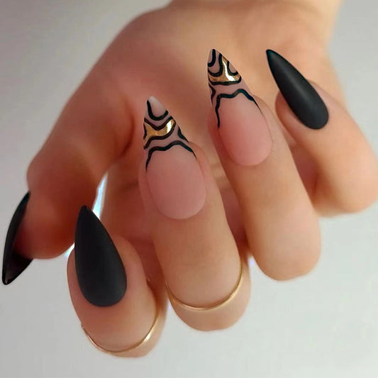 Cat Eye Long Almond Black Glam Press On Nails