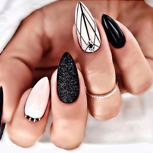 Elegant Evening Almond-Shape Medium Press On Nail Set in Black and White with Sparkling Glitter Accents
