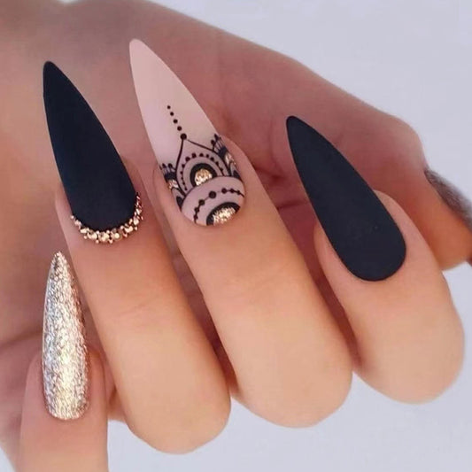 Bohemian Elegance Extra Long Almond Press On Nail Set in Matte Black and Beige with Rhinestone Accents