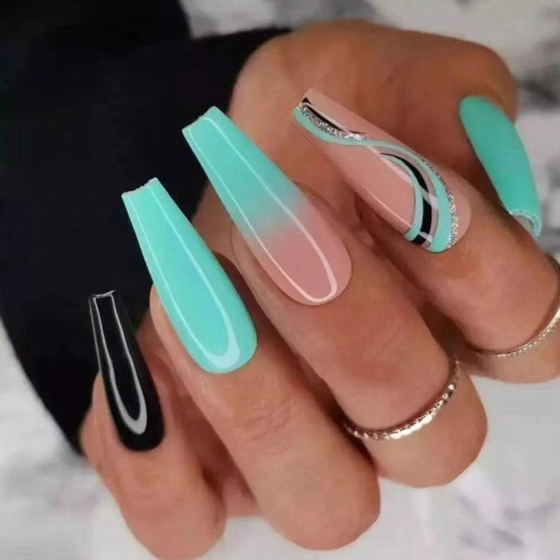 Summer Elegance Long Coffin Turquoise and Pink Press On Nails with Striped Glitter Accents
