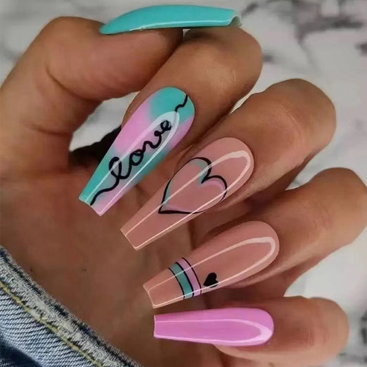 Beach Love Long Coffin Pink Vacation Press On Nails