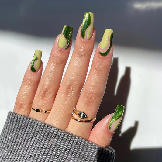 Emerald Glinda Short Coffin Green Glam Press On Nails