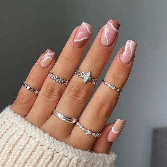 Elegant Marble Swirl Short Square Pink Press-On Nail Set with Glossy Finish