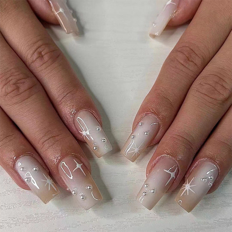 Diamond Nights Long Coffin White Pearls Press On Nails
