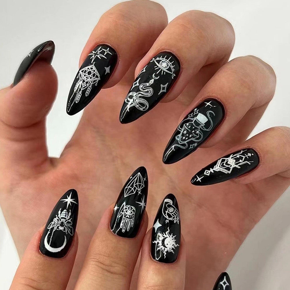 Mystical Midnight Medium Almond Press-On Nails in Glossy Black with White Astrological Designs