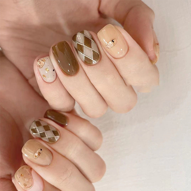 School Uniform Short Squoval Brown Cute Press On Nails