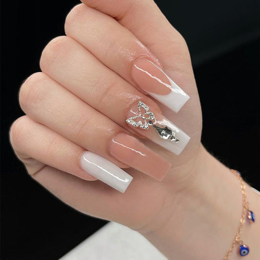 Butterfly Stud Long Coffin White Fun Press On Nails