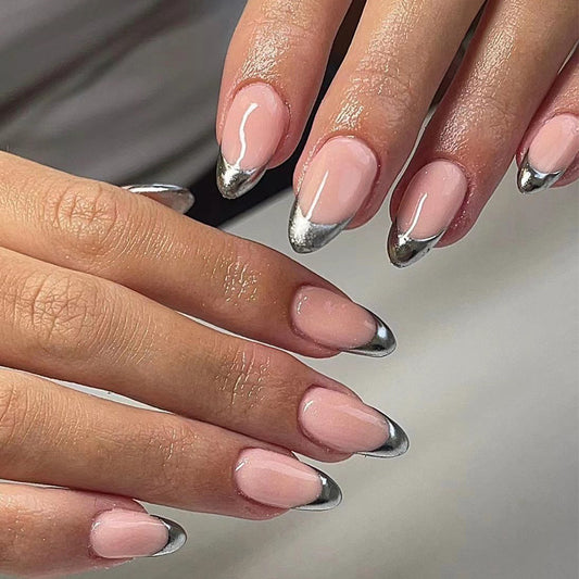 Metal Tips Long Almond Beige French Tips Press On Nails