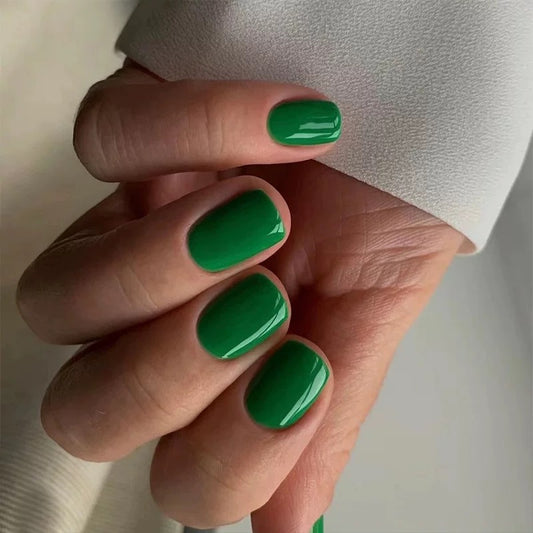 All Done Short Squoval Green Glossy Press On Nails