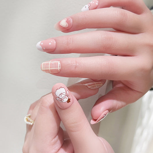 Whimsical Bunny Fantasy Short Oval Pink Press On Nail Set with Adorable Animal Art Accents
