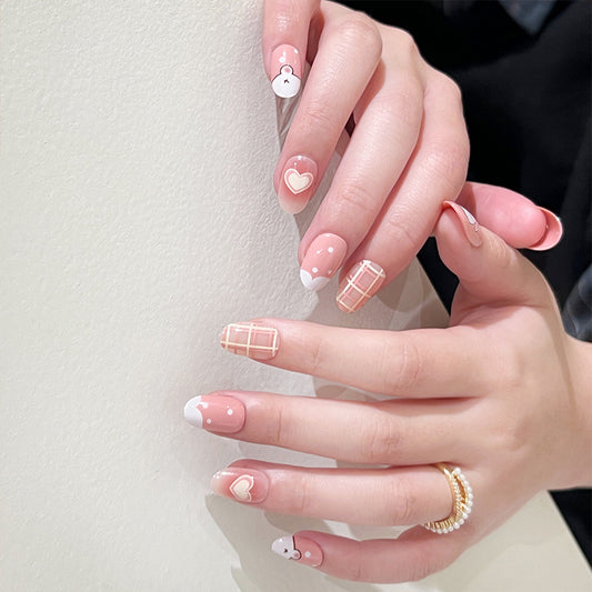 Sweet Romance Short Oval Pink Press On Nails Set with Adorable Heart Accents