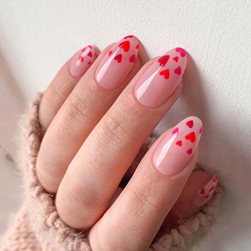 Whimsical Affection Medium Almond Blush Pink Press-On Nails with Vibrant Red Heart Accents