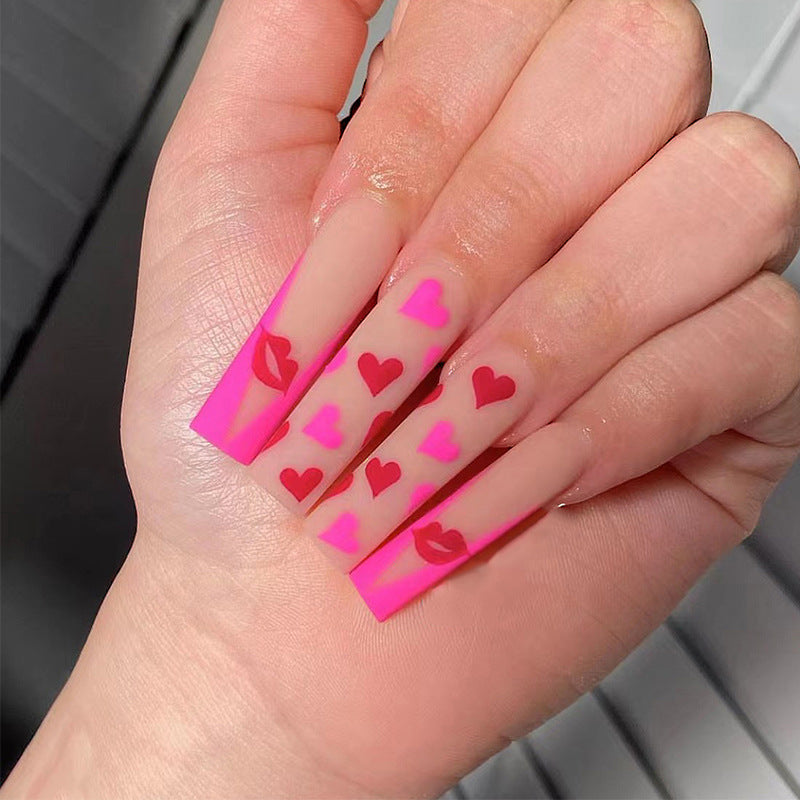 Valentine's Romance Extra Long Square Hot Pink Press On Nails with Heart Accents