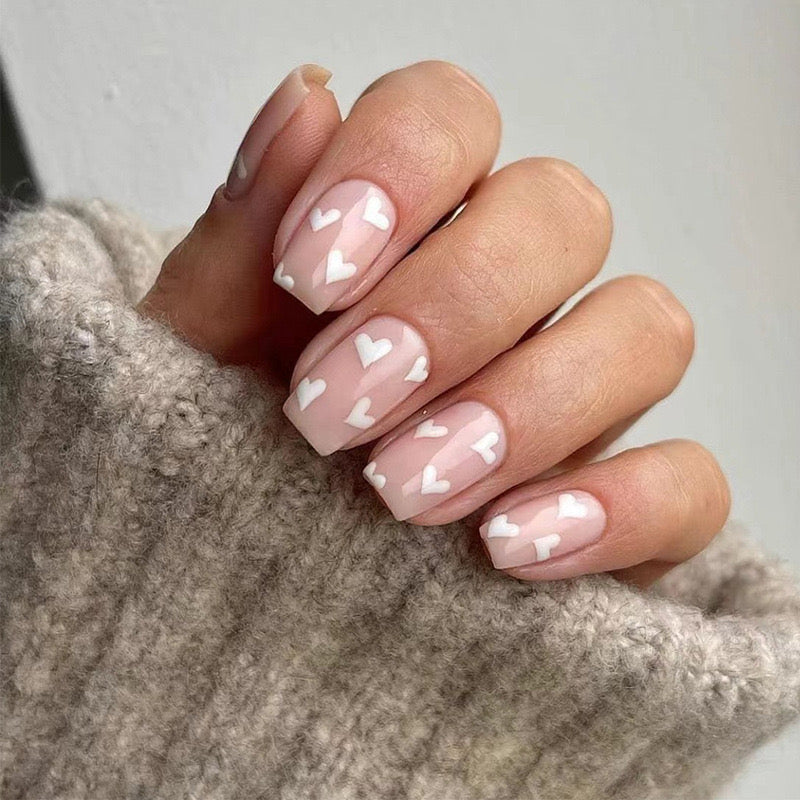 Cozy Charm Medium Square Milky White Press-On Nails with Dainty Heart Accents for a Sweet Touch