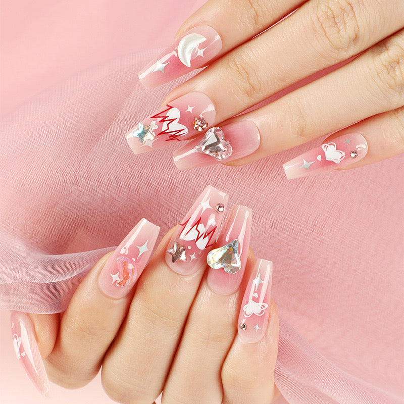 Sweetheart Soiree Long Coffin Baby Pink with Heartbeat Design and Crystal Accents Press-On Nails