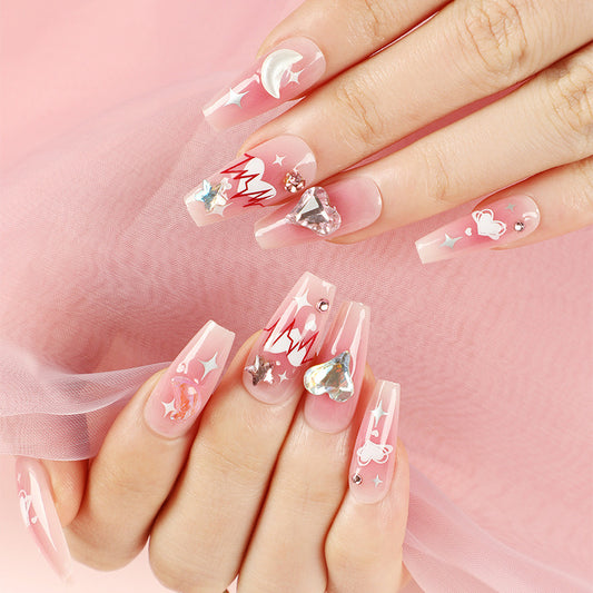 Sweetheart Soiree Long Coffin Baby Pink with Heartbeat Design and Crystal Accents Press-On Nails