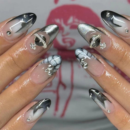 Futuristic Chrome Fantasy Medium Oval Silver Press On Nail Set with 3D Embellishments