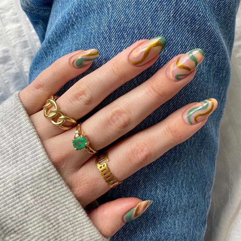 Bohemian Elegance Long Oval Multicolor Swirl Design Press On Nail Set
