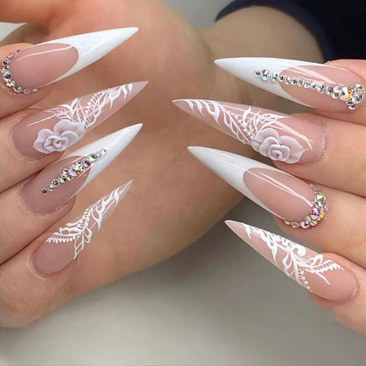 Rose Princess Long Stiletto White Studded Press On Nails