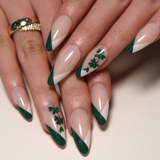 Four Leaf CloverElegant Long Almond Green St. Patrick's Day Press On Nails