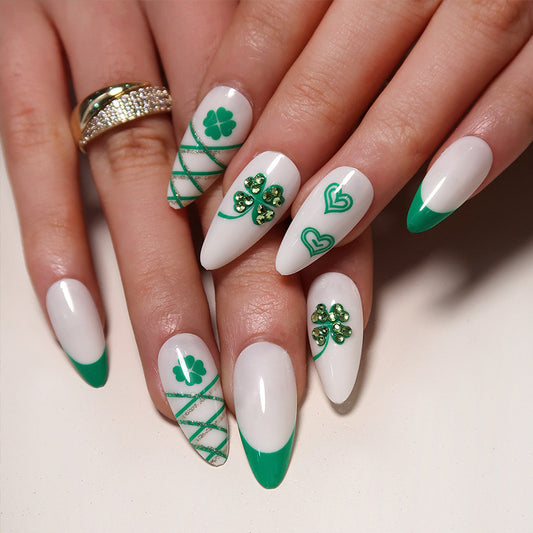 Sequined Four Leaf Clover Long Almond Green St. Patrick's Day Press On Nails