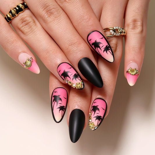 Hawaiian Nights Medium Almond Pink Vacation Press On Nails