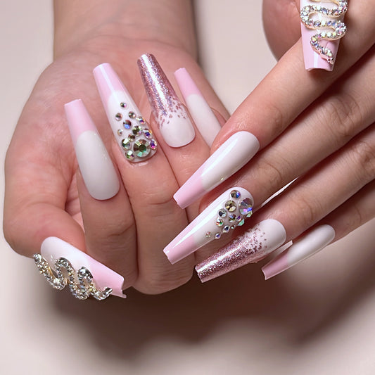 Spectacular Serpent Long Coffin Pink Studded Press On Nails