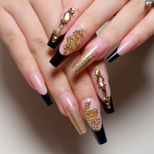 Snake Queen Long Coffin Pink Studded Press On Nails
