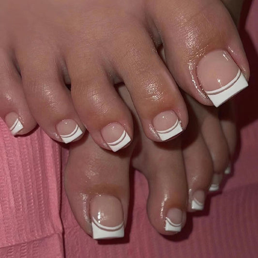 Double Curve French Tips White Press On Toenails
