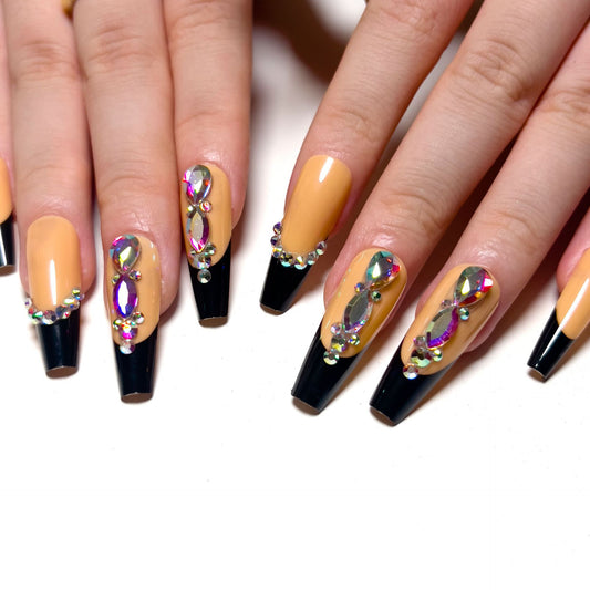 Ruler Long Coffin Orange Studded Press On Nails