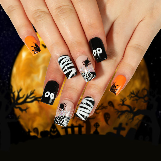 Cute Spook Medium Square Orange Halloween Press On Nails