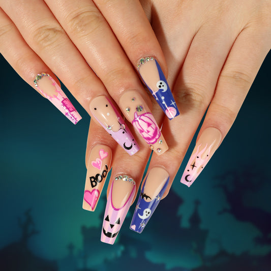 A set of press-on nails featuring a Halloween theme with designs such as skulls, pumpkins, and hearts in purple, blue, and pink colors.