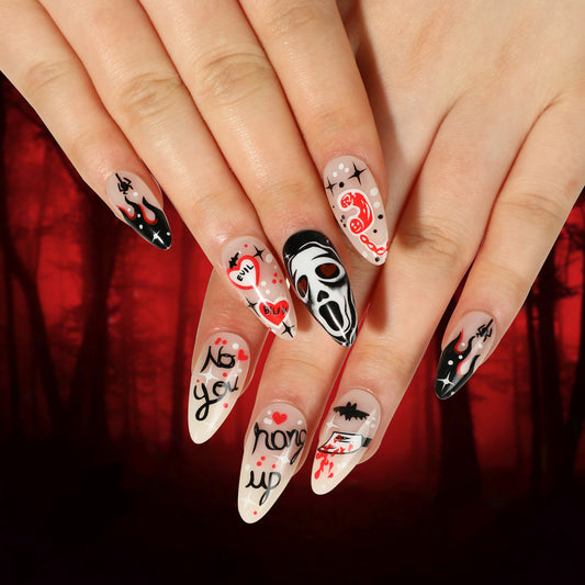 Scream Movie Medium Almond Black Halloween Press On Nails