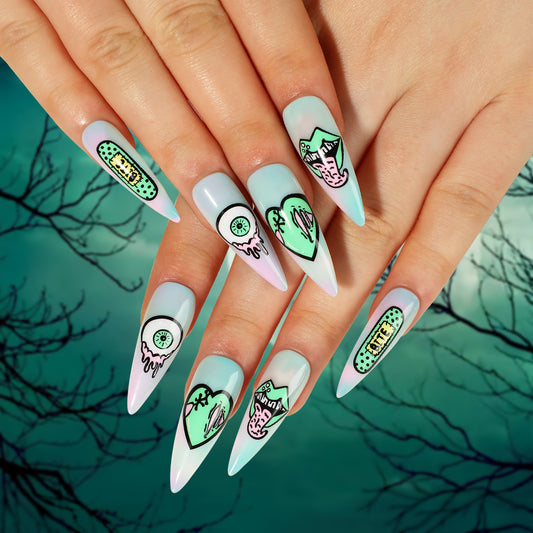 Bite Me Long Stiletto Green Halloween Press On Nails