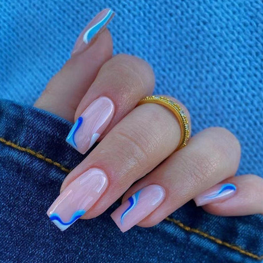 Playing In The Sand Long Square Blue Beach Press On Nails