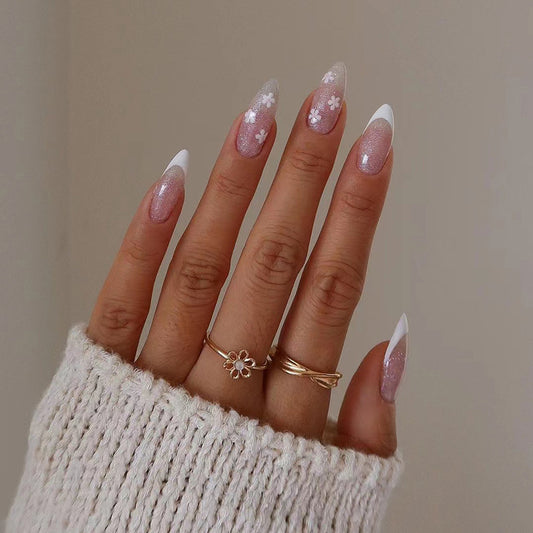 Delicate Gal Medium Almond Pink Glitter Press On Nails