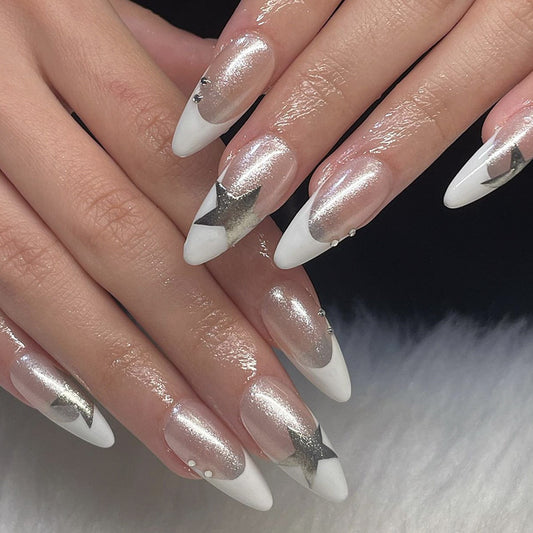 Super Rockstar Medium Almond White Bold Press On Nails