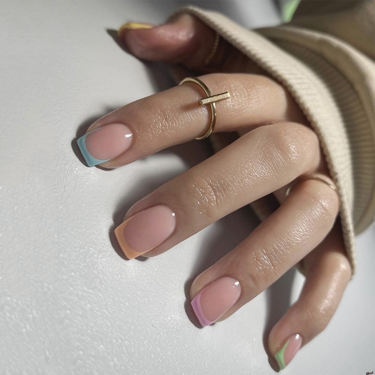 Treated Well Short Square Multicolor French Tips Press On Nails